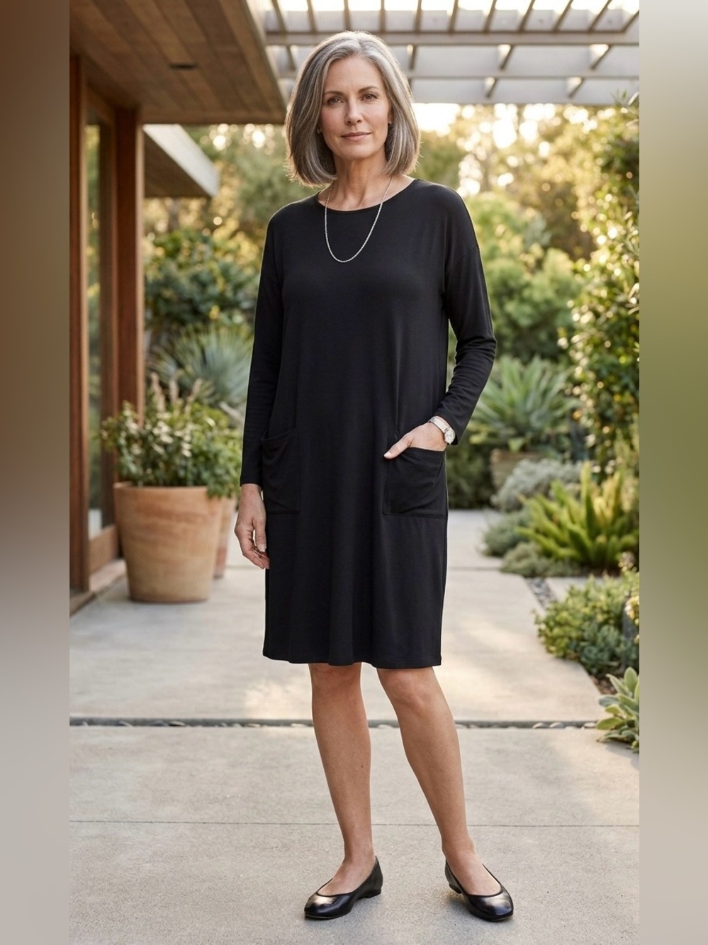 Eileen Fisher Black Jersey Knit Long Sleeve Pocket Shift Dress size XS